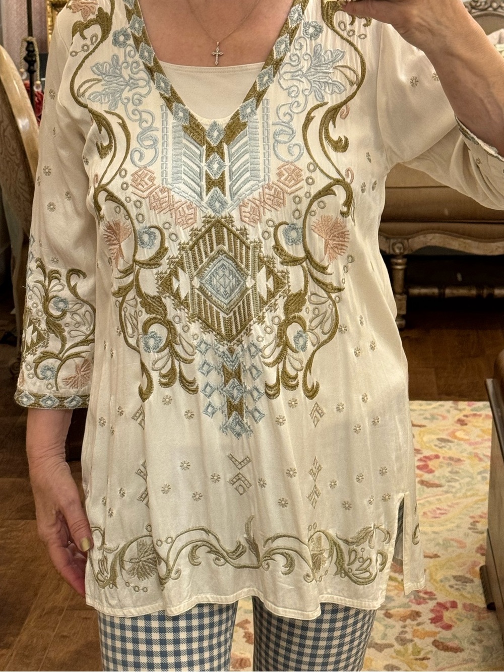 Johnny Was Cream Embroidered Boho Tunic with Gold and Blue Accent